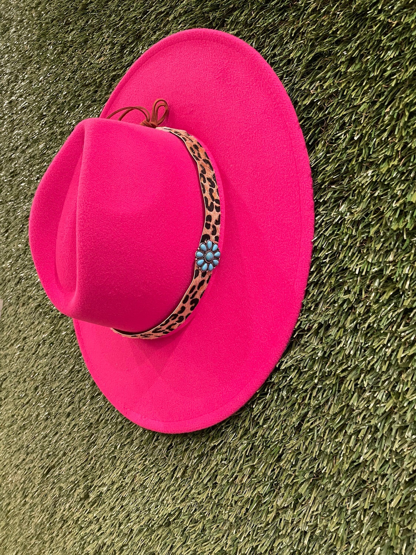 Fedora Hat with leopard Turquoise Hat Band.