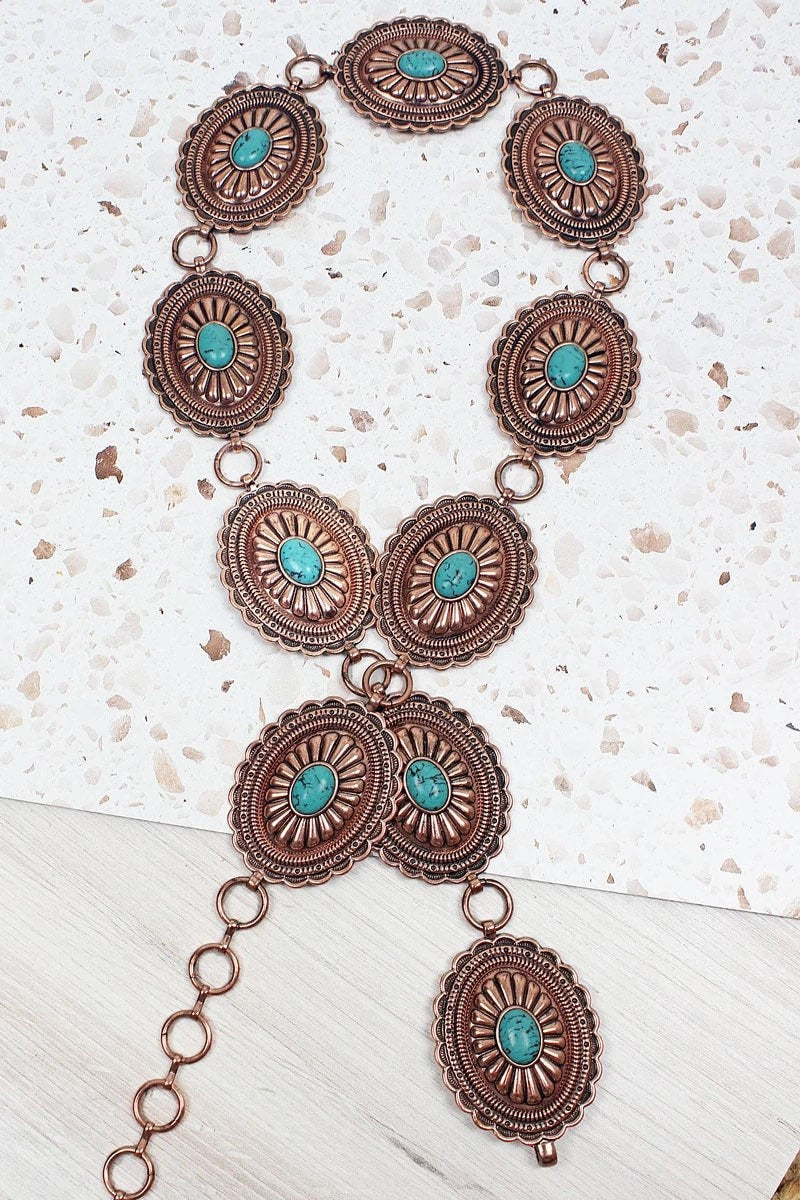 Copper Turquoise Concho Belt S/M 44” longL/Xl 55” long