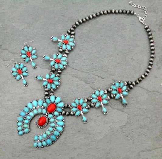 Turquoise Red Navajo Style Pearl Squash Blossom