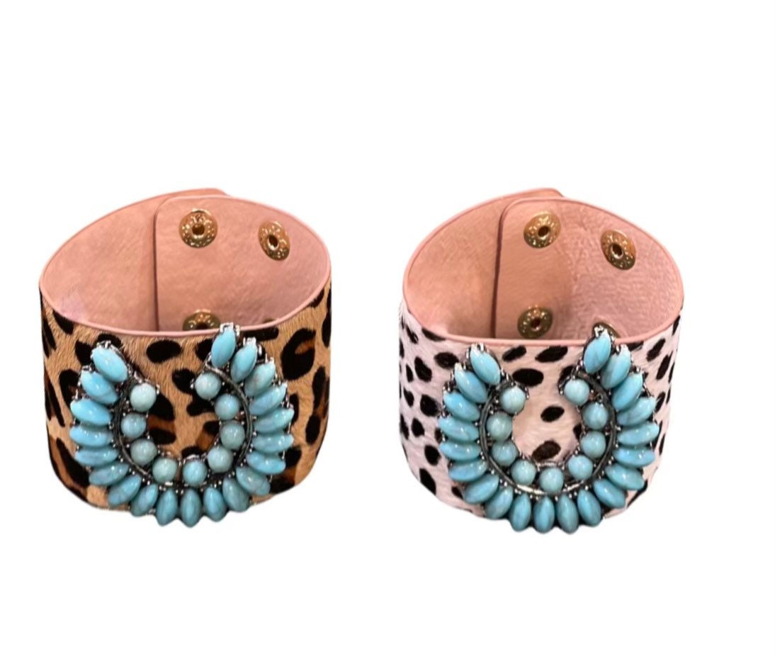 Turquoise Stone Animal Leather Print BraceletAdjustable button back Width: 1.8” inches
