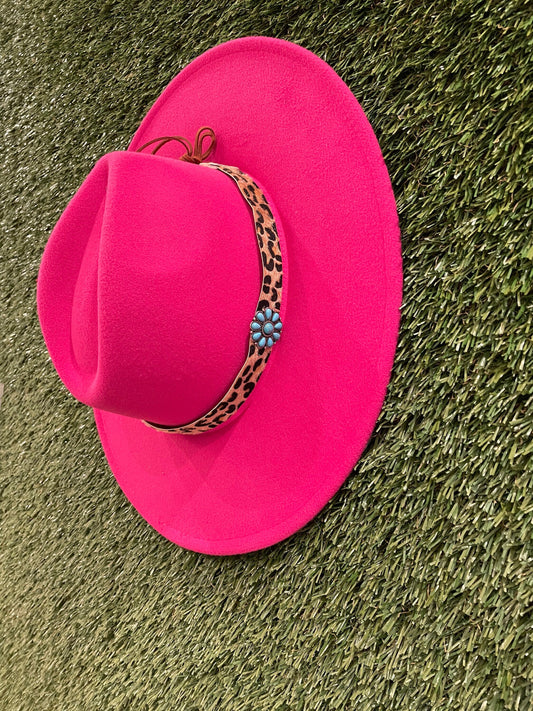 Fedora Hat with leopard Turquoise Hat Band.