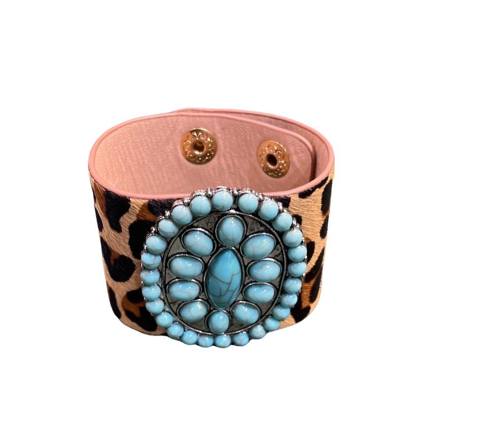 Turquoise Stone Animal Leather Print Bracelet