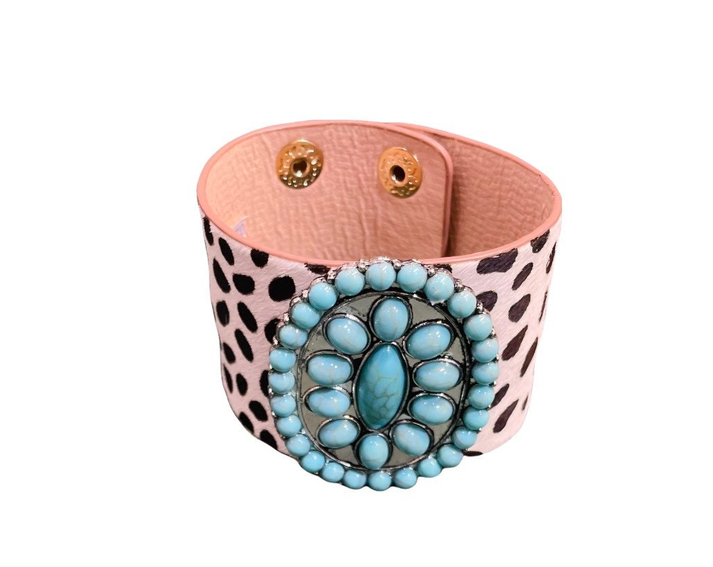 Turquoise Stone Animal Leather Print Bracelet