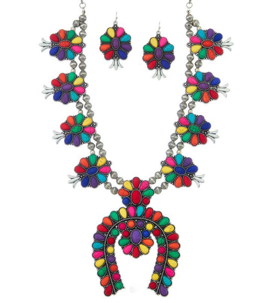 Multi Color Squash Blossom Necklace Set