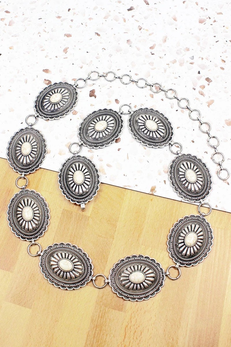 Silver White Concho Belt                      SM 41” long                                                 L/Xl 55” long